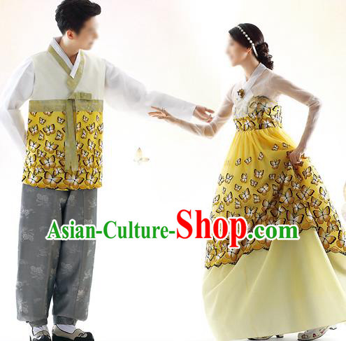 Traditional Korean Costumes Bride and Bridegroom Formal Attire Ceremonial Yellow Clothes, Korea Hanbok Court Embroidered Clothing for Women for Men