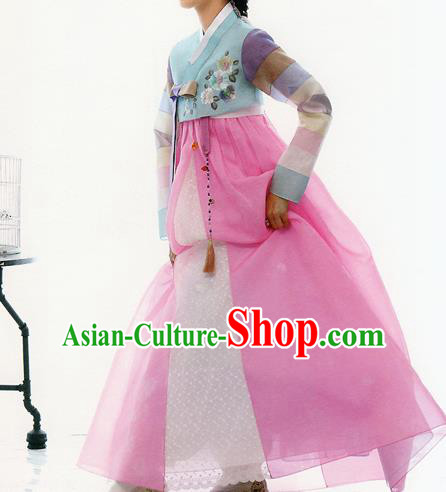 Traditional Korean Costumes Bride Formal Attire Ceremonial Blue Blouse and Pink Dress, Korea Hanbok Court Embroidered Clothing for Women