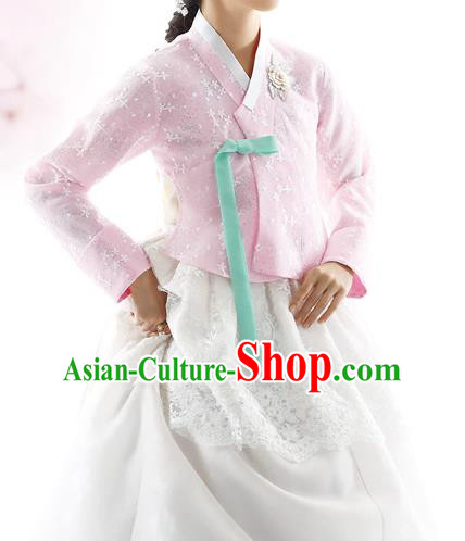 Traditional Korean Costumes Bride Formal Attire Ceremonial Pink Blouse and White Lace Dress, Korea Hanbok Court Embroidered Clothing for Women