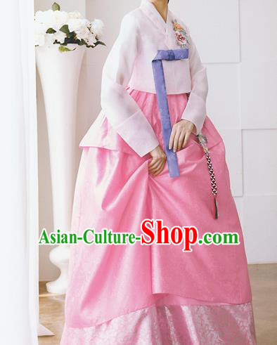 Traditional Korean Costumes Bride Formal Attire Ceremonial Pink Full Dress, Korea Hanbok Court Embroidered Wedding Clothing for Women