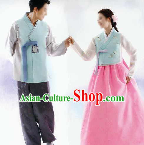 Traditional Korean Costumes Bride and Bridegroom Blue Cloth Complete Set, Korea Hanbok Court Embroidered Clothing for Women for Men