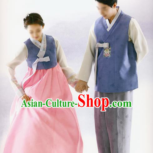 Traditional Korean Costumes Bride and Bridegroom Deep Blue Cloth Complete Set, Korea Hanbok Court Embroidered Clothing for Women for Men