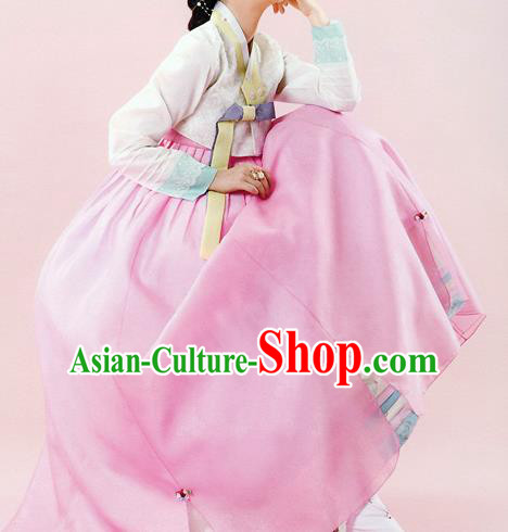 Traditional Korean Costumes Bride Wedding White Blouse and Pink Dress, Korea Hanbok Court Embroidered Clothing for Women