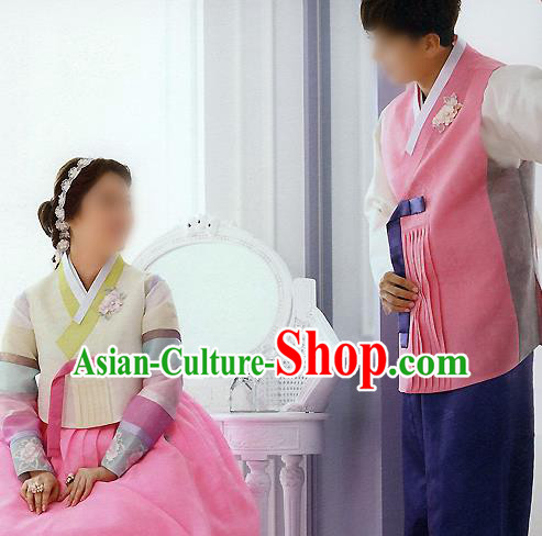 Traditional Korean Costumes Bride and Bridegroom Wedding Clothing Complete Set, Korea Hanbok Court Embroidered Clothing for Women for Men