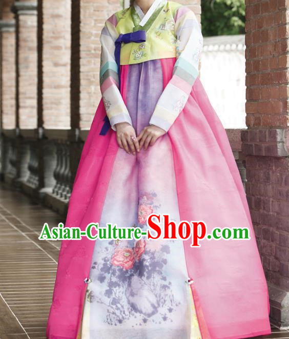 Traditional Korean Costumes Bride Wedding Rosy Dress, Korea Hanbok Queen Court Embroidered Clothing for Women