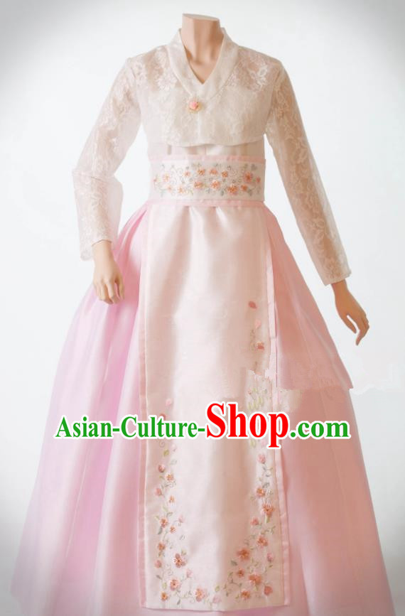 Traditional Korean Costumes Bride Wedding White Lace Dress, Korea Hanbok Queen Court Embroidered Clothing for Women