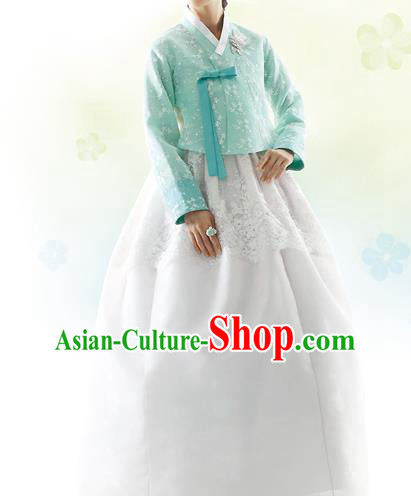 Traditional Korean Costumes Bride Formal Attire Ceremonial Green Blouse and White Dress, Korea Hanbok Court Embroidered Clothing for Women