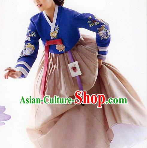 Traditional Korean Costumes Bride Formal Attire Ceremonial Blue Blouse and Brown Dress, Korea Hanbok Court Embroidered Clothing for Women