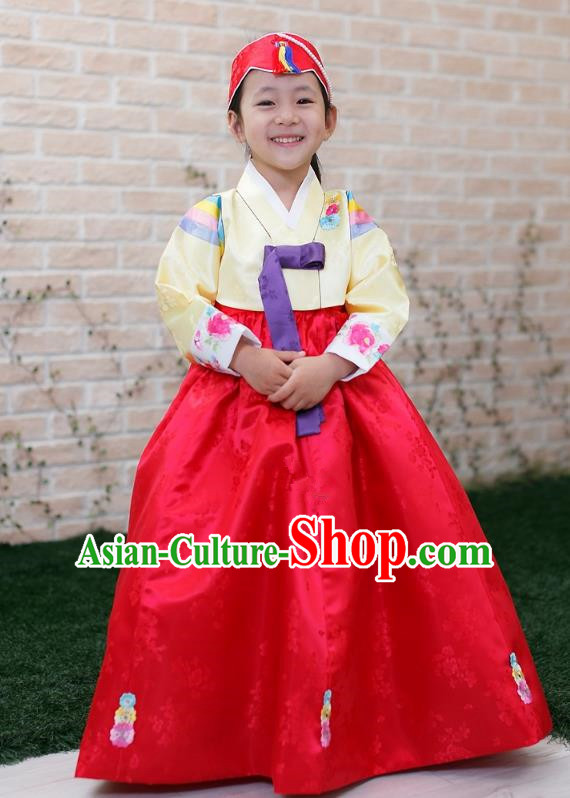 Traditional Korean Handmade Formal Occasions Costume Embroidered Baby Brithday Hanbok Red Dress Clothing for Girls