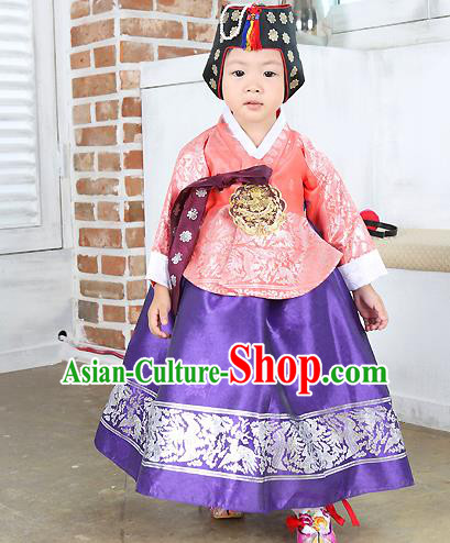 Traditional Korean Handmade Formal Occasions Costume Embroidered Baby Brithday Girls Pink Blouse and Purple Dress Hanbok Clothing