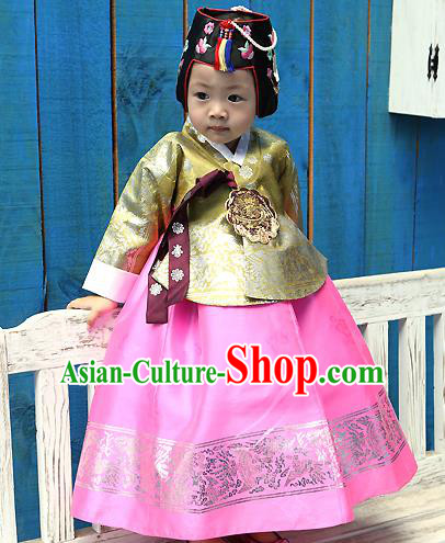 Traditional Korean Handmade Formal Occasions Costume Embroidered Baby Brithday Girls Yellow Blouse and Pink Dress Hanbok Clothing