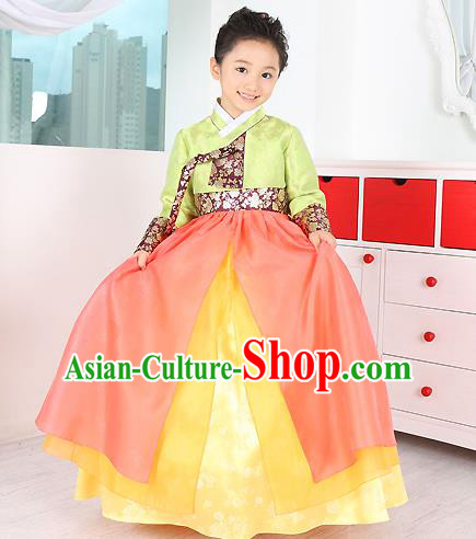 Traditional Korean Handmade Formal Occasions Costume Embroidered Baby Brithday Girls Green Blouse and Yellow Dress Hanbok Clothing