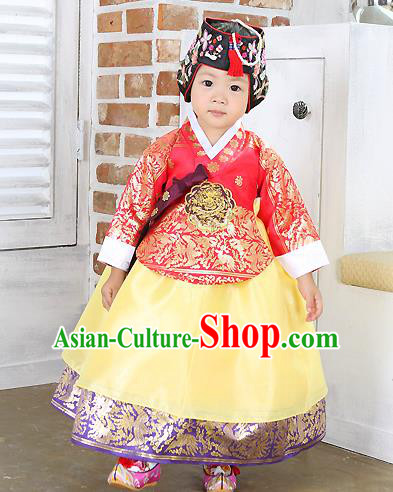 Traditional Korean Handmade Formal Occasions Costume Embroidered Baby Brithday Girls Red Blouse and Yellow Dress Hanbok Clothing