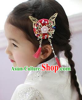 Traditional Korean Hair Accessories Red Butterfly Tassel Hair Clasp, Asian Korean Fashion Headwear Headband for Kids