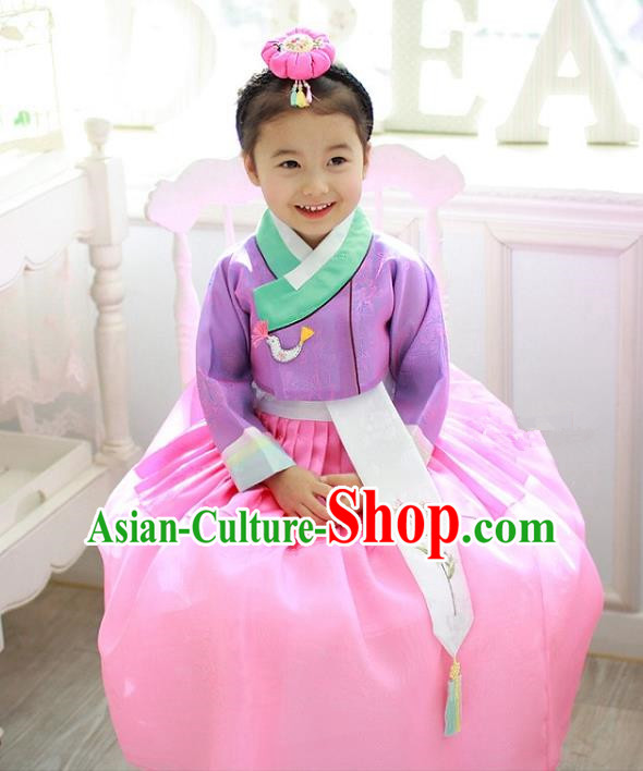 Traditional Korean Handmade Formal Occasions Costume Embroidered Baby Princess Purple Blouse and Dress Hanbok Clothing for Girls