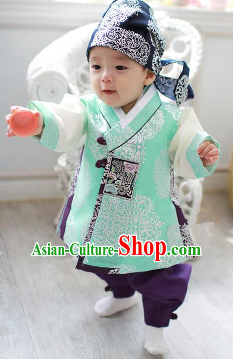 Traditional Korean Handmade Formal Occasions Costume Embroidered Baby Brithday Hanbok Green Clothing for Boys