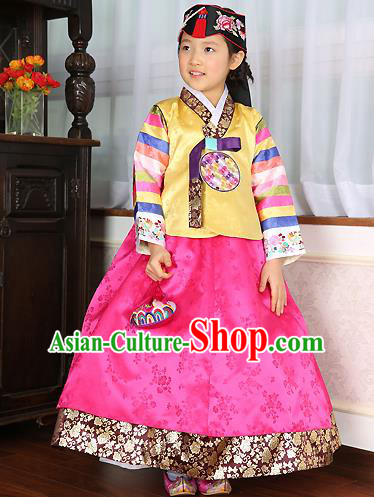 Asian Korean Traditional Handmade Formal Occasions Costume Baby Princess Embroidered Yellow Blouse and Pink Dress Hanbok Clothing for Girls