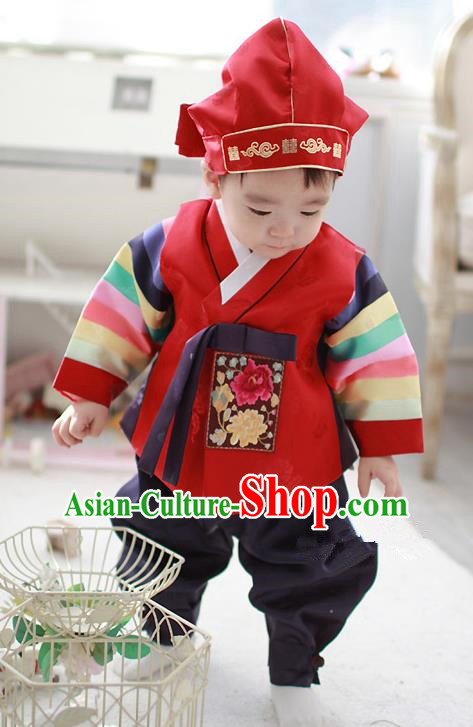 Asian Korean Traditional Handmade Formal Occasions Costume Baby Prince Embroidered Red Hanbok Clothing for Boys