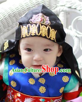 Traditional Korean Hair Accessories Black Embroidered Hats, Asian Korean Fashion Headwear for Boys