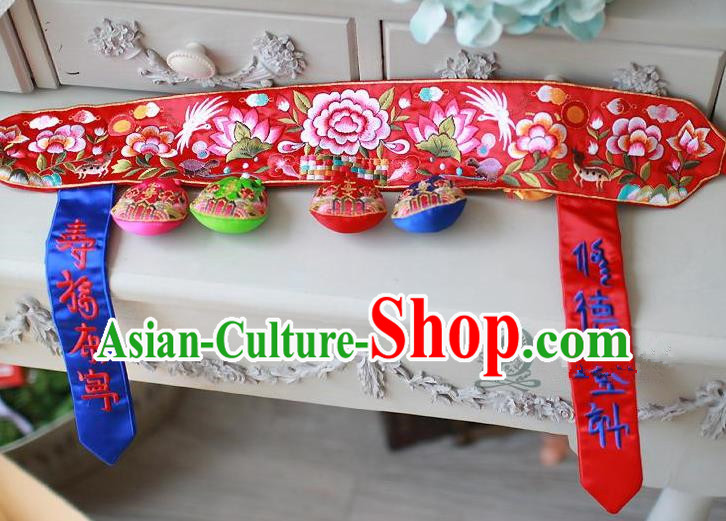 Traditional Korean Accessories Embroidered Red Waist Belts, Asian Korean Fashion Wedding Tassel Waistband Decorations for Kids