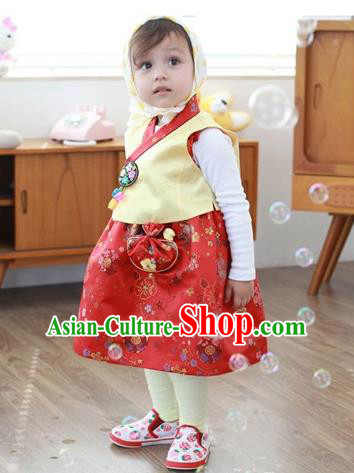 Asian Korean Traditional Handmade Formal Occasions Costume, Baby Princess Embroidered Red Hanbok Clothing for Girls
