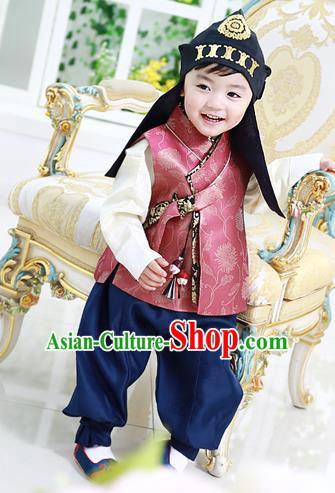 Asian Korean National Traditional Handmade Formal Occasions Costume, Palace Boys Brithday Embroidered Red Hanbok Clothing for Kids
