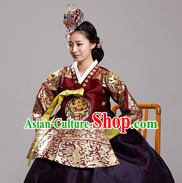 Asian Korean National Traditional Handmade Formal Occasions Costume, Palace Queen Wedding Embroidered Purple Hanbok Clothing for Women