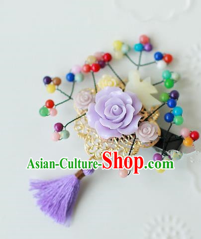 Traditional Korean Hair Accessories Purple Flowers Hair Stick, Asian Korean Hanbok Fashion Headwear Wedding Tassel Hair Claw for Kids