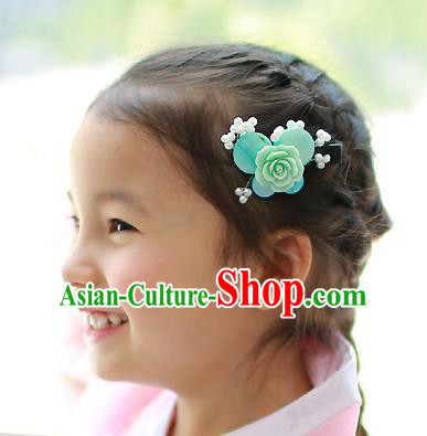 Traditional Korean Hair Accessories Blue Rose Butterfly Hair Stick, Asian Korean Hanbok Fashion Headwear Hair Claw for Kids