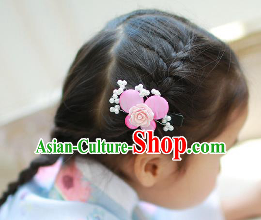 Traditional Korean Hair Accessories Pink Rose Butterfly Hair Stick, Asian Korean Hanbok Fashion Headwear Hair Claw for Kids