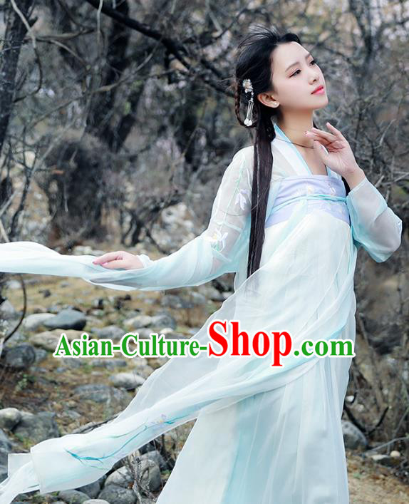 Asian China Tang Dynasty Young Lady Fairy Costume, Chinese Ancient Princess Embroidered Clothing for Women