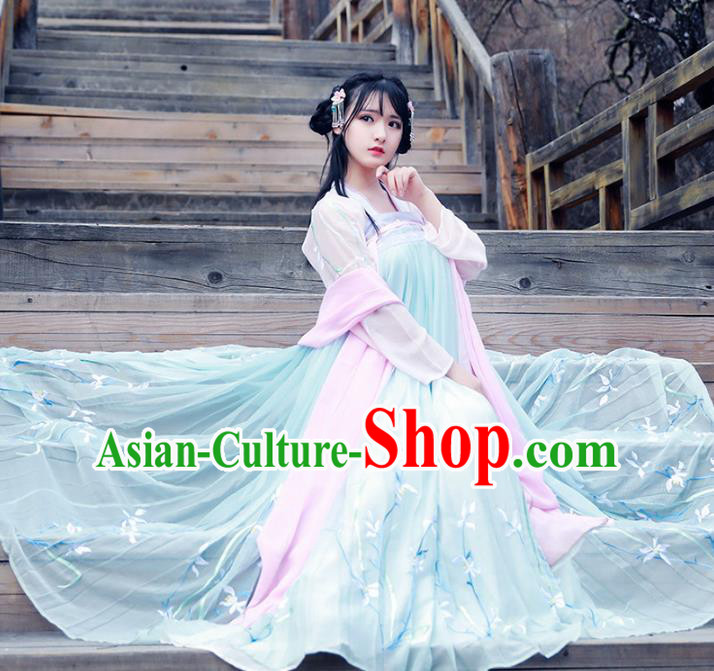 Asian China Tang Dynasty Palace Princess Fairy Costume, Chinese Ancient Nobility Lady Embroidered Clothing for Women