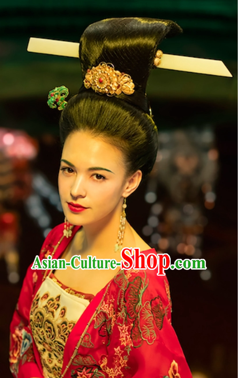 Ancient China Tang Dynasty Empress Beauty Yang Guifei Black Wig and Hair Jewelry