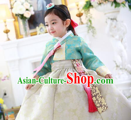 Asian Korean Traditional Handmade Formal Occasions Costume Princess Green Embroidered Blouse and White Dress Hanbok Clothing for Girls