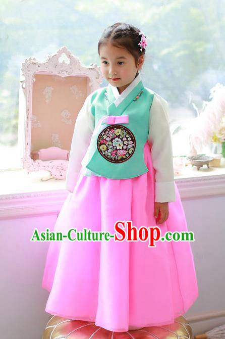 Asian Korean Traditional Handmade Formal Occasions Costume Princess Green Embroidered Blouse and Pink Dress Hanbok Clothing for Girls