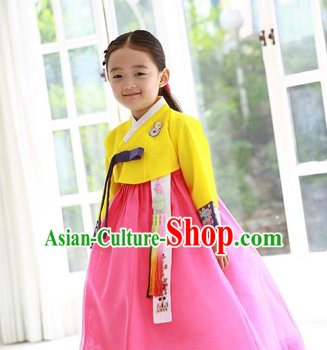 Asian Korean Traditional Handmade Formal Occasions Costume Princess Embroidered Yellow Blouse and Pink Dress Hanbok Clothing for Girls