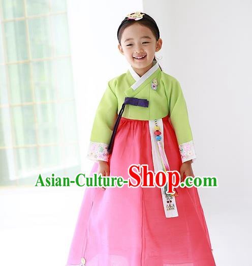 Asian Korean Traditional Handmade Formal Occasions Costume Princess Embroidered Green Blouse and Pink Dress Hanbok Clothing for Girls