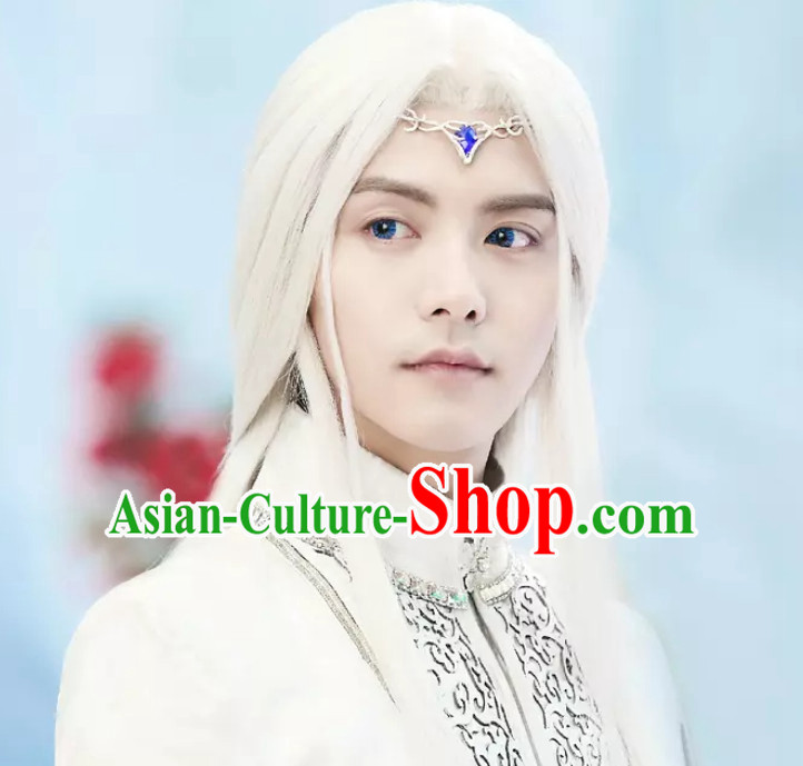 Ancient Chinese Fantasy White Long Wigs and Hair Jewelry for Men