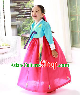 Asian Korean Traditional Handmade Formal Occasions Costume Princess Embroidered Blue Blouse and Red Dress Hanbok Clothing for Girls
