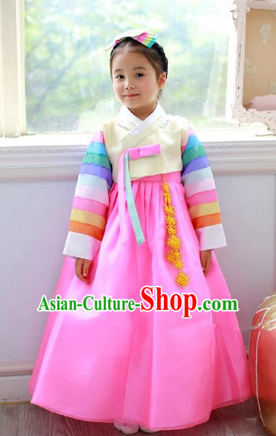 Asian Korean Traditional Handmade Formal Occasions Costume Princess Embroidered Beige Blouse and Pink Dress Hanbok Clothing for Girls
