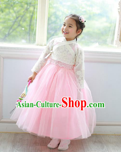 Asian Korean Traditional Handmade Formal Occasions Costume Princess Embroidered White Lace Blouse and Pink Dress Hanbok Clothing for Girls