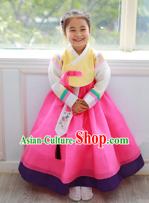 Asian Korean Traditional Handmade Formal Occasions Costume Princess Embroidered Yellow Blouse and Rosy Dress Hanbok Clothing for Girls