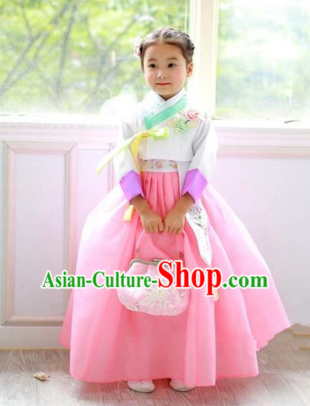 Asian Korean Traditional Handmade Formal Occasions Costume Princess Embroidered White Blouse and Pink Dress Hanbok Clothing for Girls