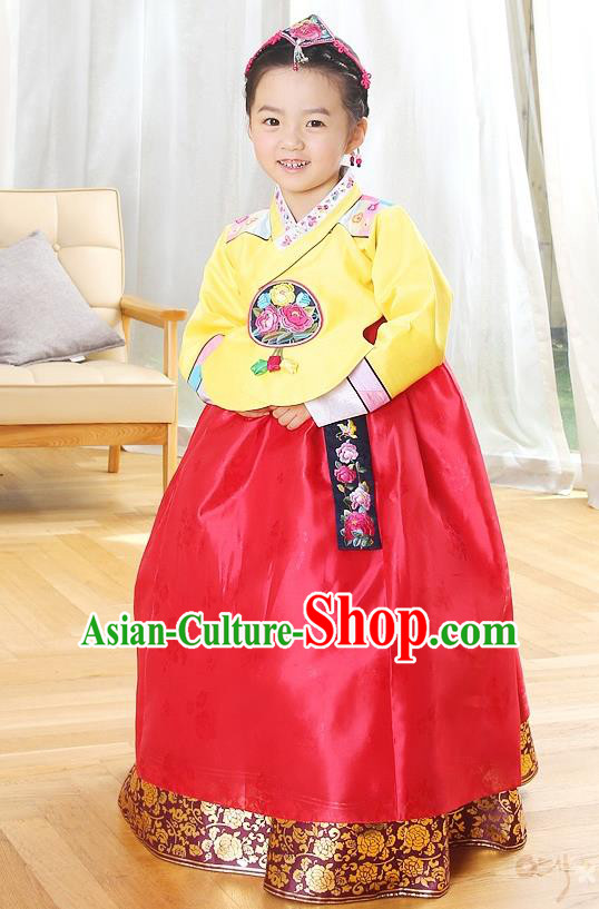 Asian Korean Traditional Handmade Formal Occasions Costume Princess Embroidered Yellow Blouse and Red Dress Hanbok Clothing for Girls