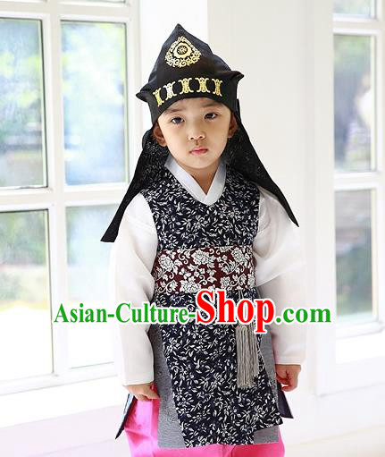 Asian Korean Traditional Handmade Formal Occasions Costume Palace Prince Embroidered Black Hanbok Clothing for Boys