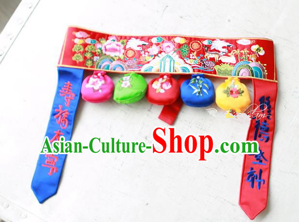 Traditional Korean National Accessories Embroidered Red Waist Belts, Asian Korean Fashion Waistband Decorations for Kids