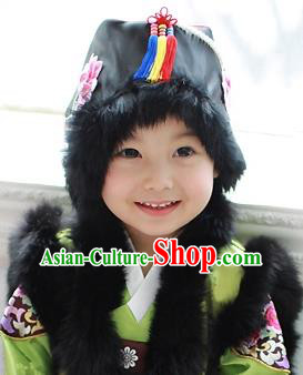 Traditional Korean Hair Accessories Bride Black Embroidered Hats, Asian Korean Fashion Girls Wedding Headwear for Kids