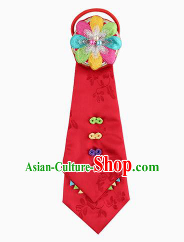 Traditional Korean Hair Accessories Bride Embroidered Red Hair Ribbon, Asian Korean Fashion Girls Wedding Headwear for Kids