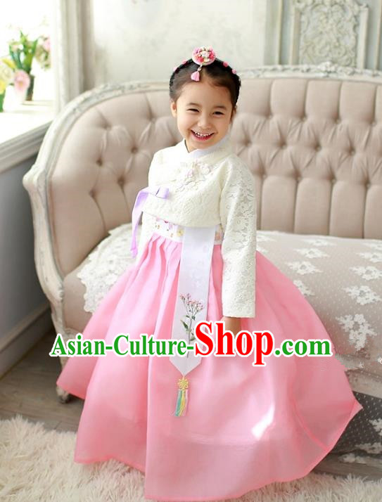 Asian Korean Traditional Handmade Formal Occasions Costume Palace Princess Embroidered White Lace Blouse and Pink Dress Hanbok Clothing for Girls