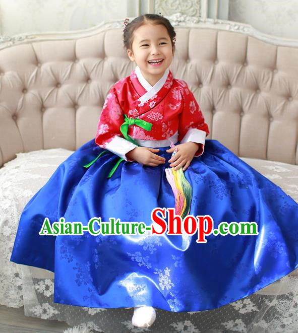 Asian Korean Traditional Handmade Formal Occasions Costume Palace Princess Embroidered Red Blouse and Blue Dress Hanbok Clothing for Girls